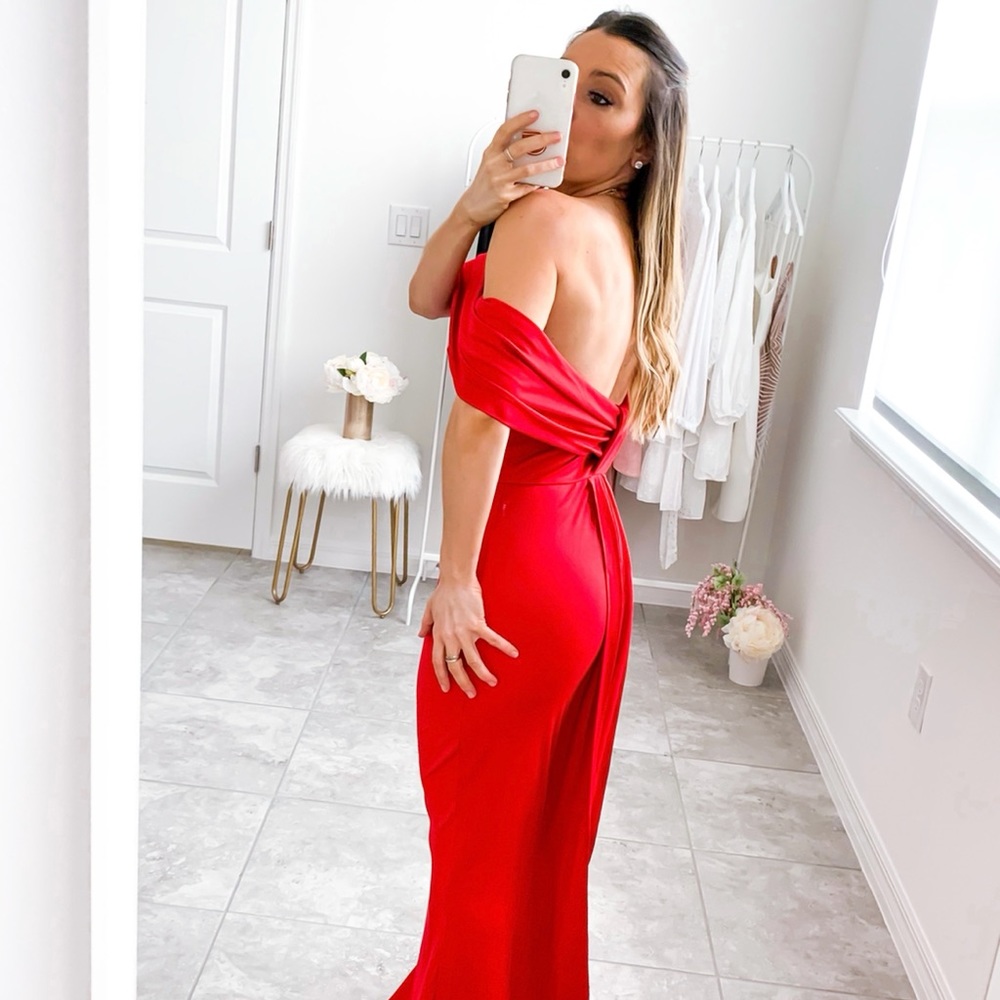 Red Off Shoulder Overlap Special Occasion Dress - Picture 6 of 8